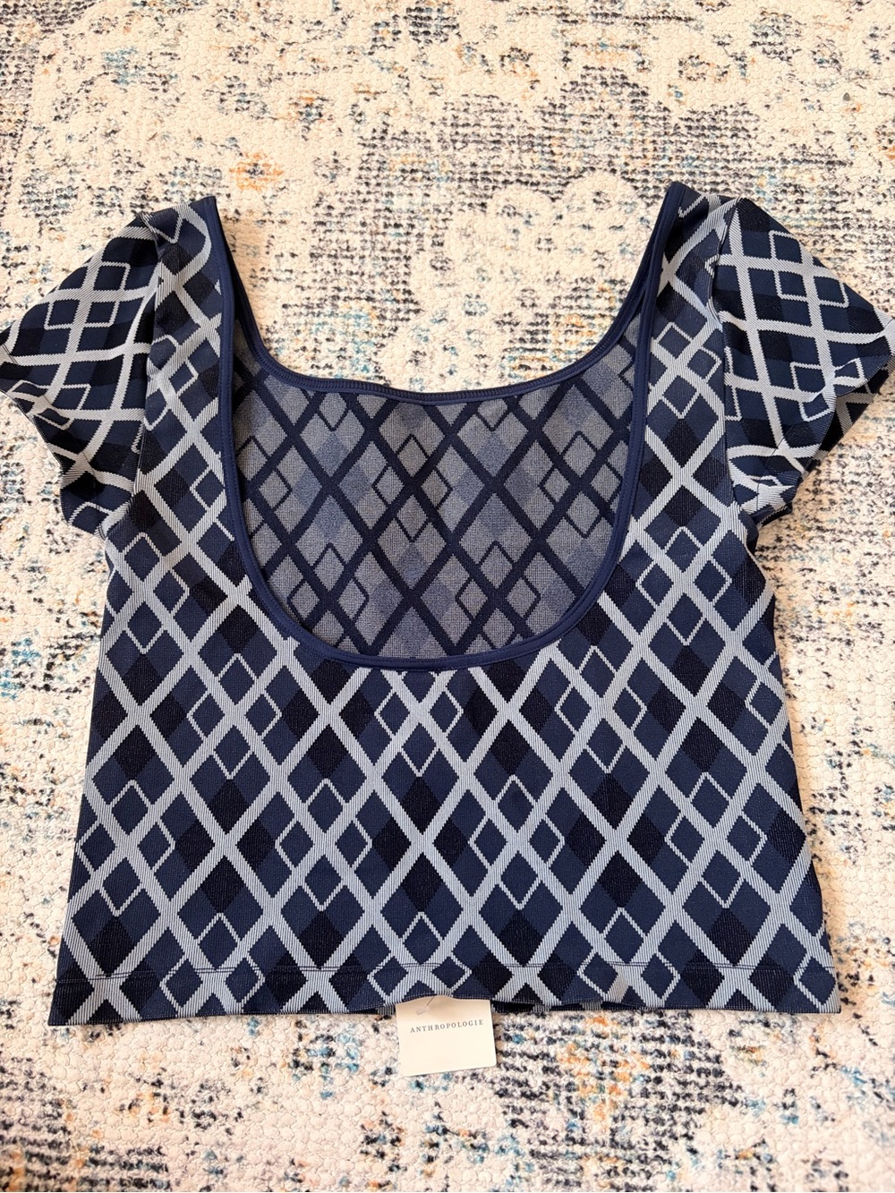 Anthropologie Navy and Light Gray Geometric Scoop Crop Top - Picture 6 of 7